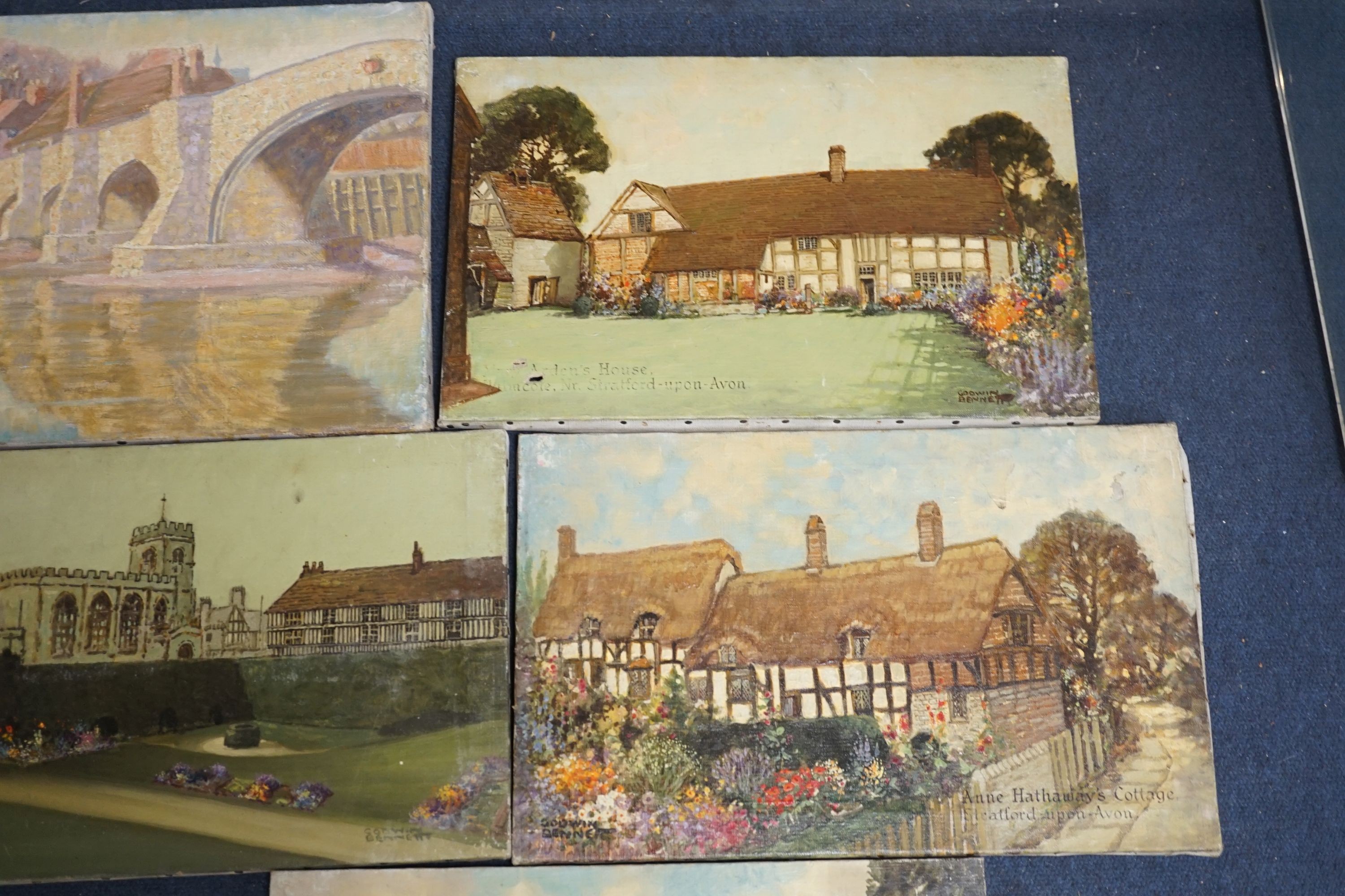 Godwin Bennett (1888-1950), four oils on canvas, Village around Stratford Upon Avon, signed, 26 x 41cm, unframed and a similar unsigned study of a bridge
